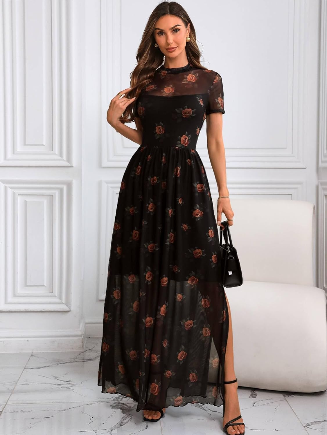 Floral print dress with mesh fabric and waist-cinched silhouette, suitable for various occasions. It's a popular product!