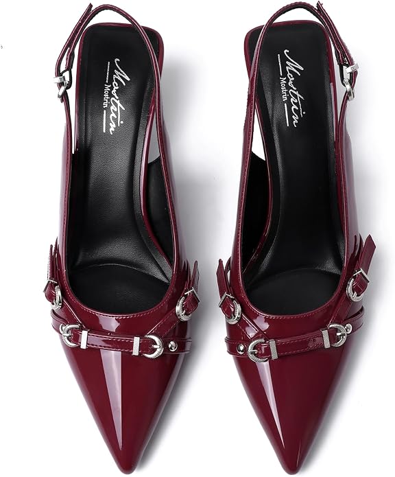 Mostrin Kitten Heels for Women Pointed Toe Pumps Patent Leather Low Heel Slingback Heels with Buckle Dress Shoes for Dating Party Working