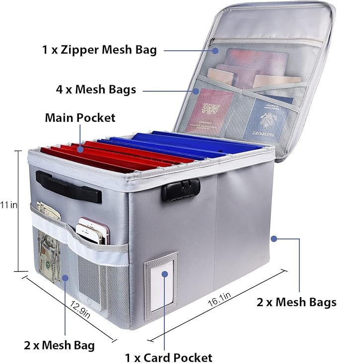 File Box with Lock, Fireproof Document Box File Organizer Box, Portable Office Collapsible File Storage with Reflective Strip for Hanging LetterLegal Size FolderCertificate