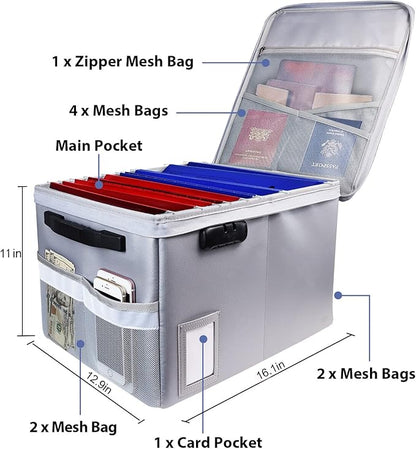 File Box with Lock, Fireproof Document Box File Organizer Box, Portable Office Collapsible File Storage with Reflective Strip for Hanging LetterLegal Size FolderCertificate