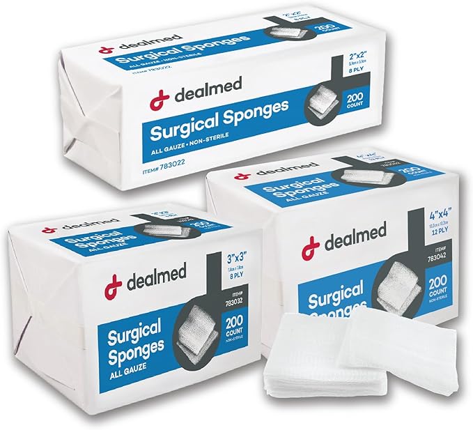 Dealmed 2" x 2" Surgical Sponges, 8-Ply, Non-Woven Absorbent Gauze Sponges for Wound Care, First Aid Kits and Medical Facilities, 200 Count (Pack of 1)