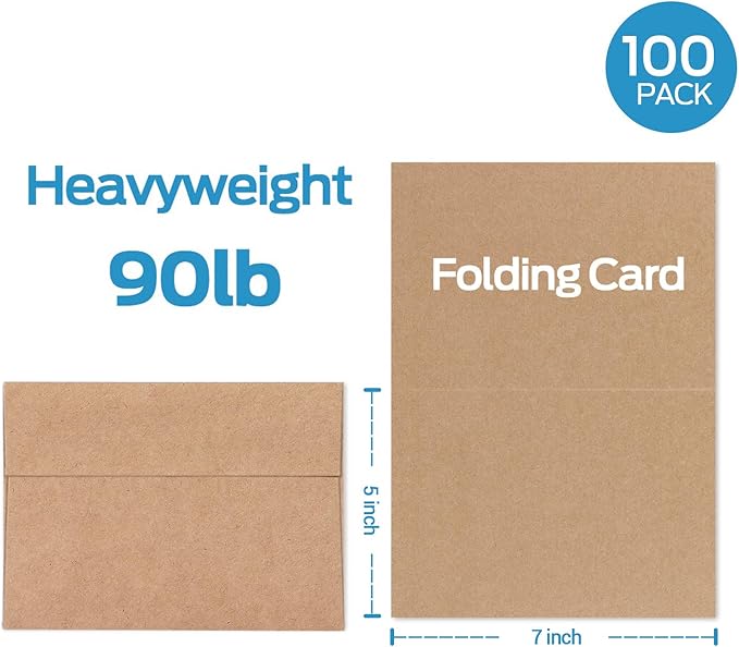 Blank Cards and Envelopes 100 Pack, Ohuhu 5 x 7 Heavyweight Kraft Paper Folded Cardstock and A7 Envelopes for DIY Greeting Cards, Wedding, Birthday, Invitations, Shower, Thank You Cards  All Occasion