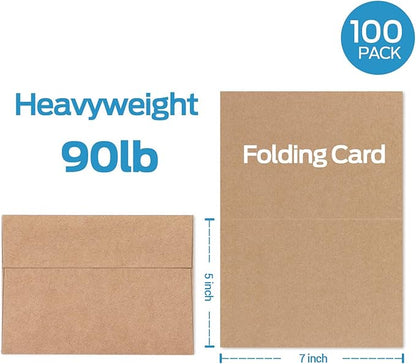 Blank Cards and Envelopes 100 Pack, Ohuhu 5 x 7 Heavyweight Kraft Paper Folded Cardstock and A7 Envelopes for DIY Greeting Cards, Wedding, Birthday, Invitations, Shower, Thank You Cards  All Occasion