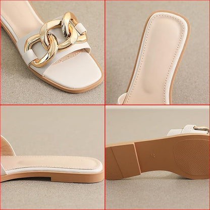 Zeberfi Women's Metal Chain Flat Slide Sandals Fashion Square Open Toe Single Band Slippers for Summer
