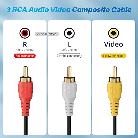 Adoreen 3 RCA Cable 4 Ft Audio Video Composite Male to Male DVD Cable, Gold-Plated Low Loss Stereo AV TV Cable Cord with Noise Reduction for VCD, Satellite,Stereo System,Home Theater AmpReceiver