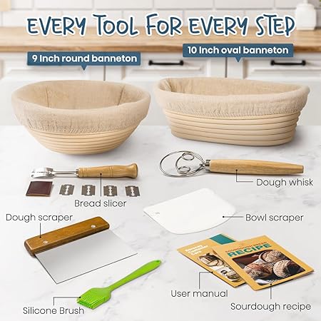 RORECAY Bread Banneton Proofing Basket Set, 9 Inch Round  10 Inch Oval Cane Sourdough Baskets with Dough Whisk Bread Lame Dough Scraper Bowl Scraper Silicone Brush Sourdough Bread Baking Supplies