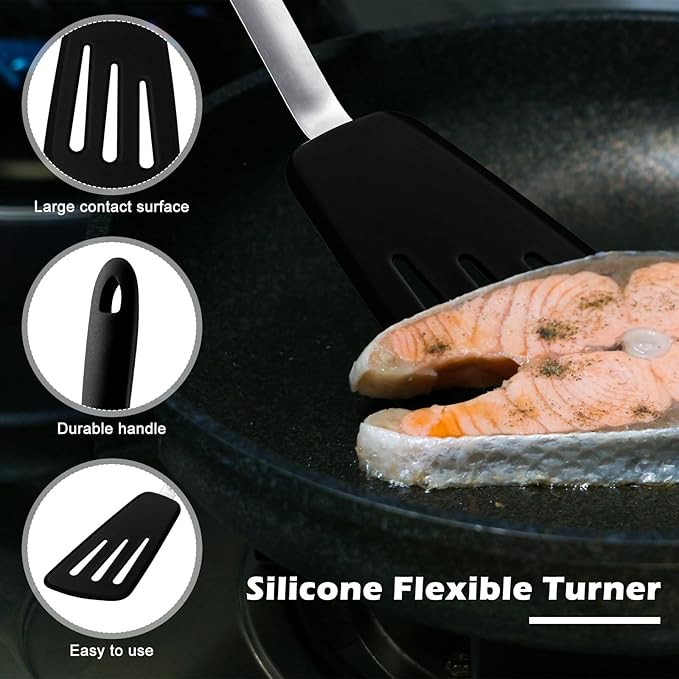 14" Silicone Fish Spatula, Large Grip Kitchen Turner Spatulas for Nonstick Cookware, Spatula Flipper Flexible Cooking Utensil for Flipping Fish, Egg, Pancake(Black)