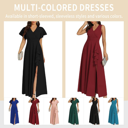 This COOAN dress features a flattering ruffle sleeve, split hem, and elegant V-neckline - perfect for cocktail parties, weddings, and formal events.