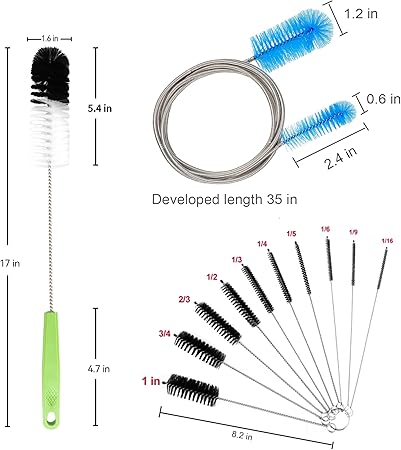 Set of 12 Tube Pipe Cleaners Kit - for Cleaning Narrow Neck Bottle, Curved Glass Tube, Hard-to-Reach Crevices,17 Long Handle Brush,8.2 Multi-Diameters Brushes,35 Flexible Dual-Head Cleaner