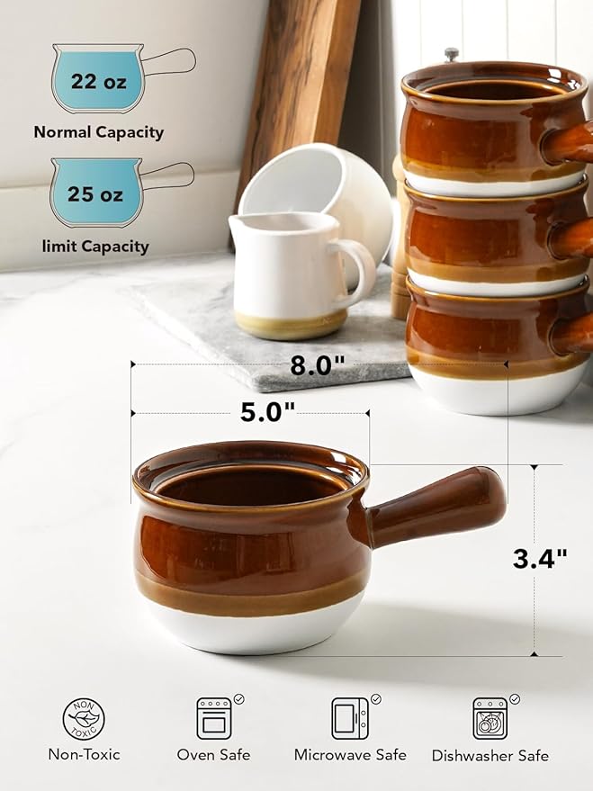 LE TAUCI French Onion Soup Bowls, 22 Ounces Ceramic Soup Bowls with Handles for Soup, Cereal, Chilli, Beef Stew, Soup Crocks Oven Safe and Stackable, Set of 4