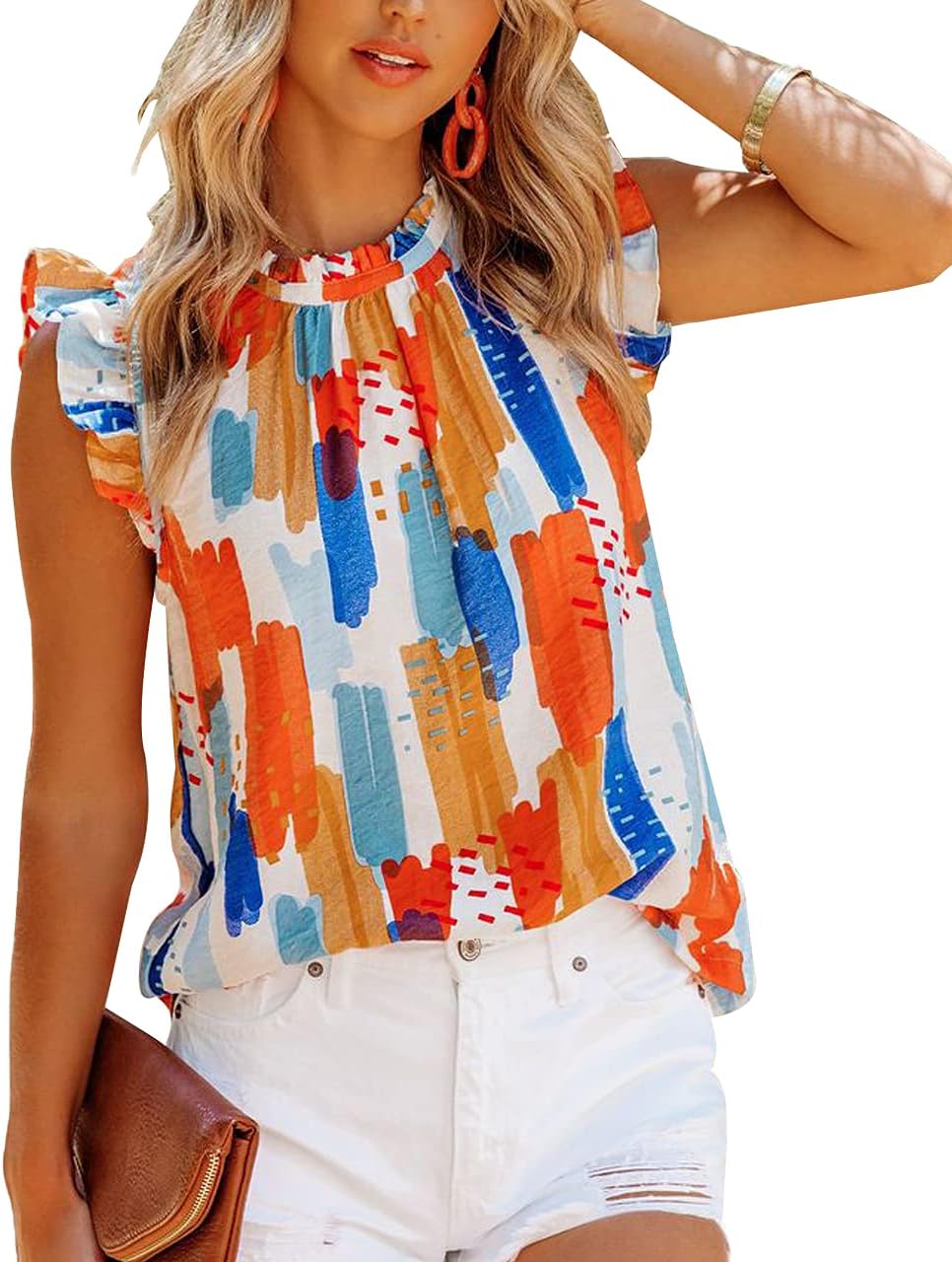 Allimy Women Summer Ruffle Trim Neckline Tank Tops Double Lined Chiffon Blouses