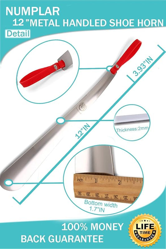 Metal Shoe Horn, Long handled Shoehorn for Men, Women, Kids, Seniors, Pregnancy, Boots and Shoes, Heavy Duty Stainless Steel with Silicone Lanyard (Red)