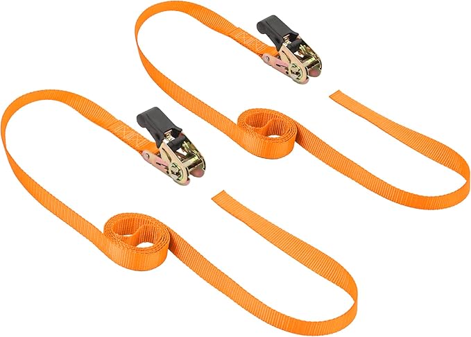 PowerTye - Endless Ratchet Strap - Easy Grip (Hookless), Orange Tie Down Strap w 400 lb. Working Load Limit  1,200 lb. Break Strength, Ideal for Motorcycle, ATV, Bike,  Coolers, 1in x 7ft, 2-Pack
