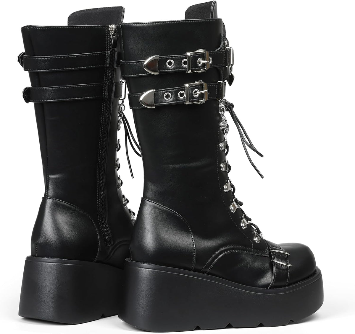 Women's Black Platform Boots Wedge Combat Gothic Chunky Heel Lace Up Mid Calf Punk Motorcycle Shoes