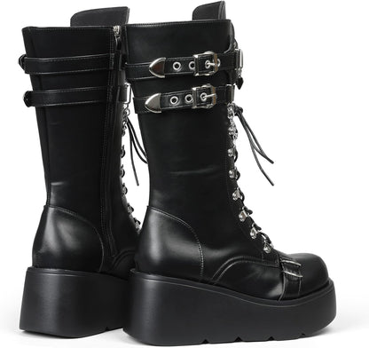Women's Black Platform Boots Wedge Combat Gothic Chunky Heel Lace Up Mid Calf Punk Motorcycle Shoes