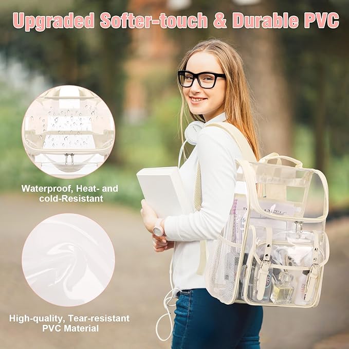 Clear Backpack with Clear Bag Set, Leather Clear Backpack Heavy Duty Thick PVC Clear Bookbag Fashion See Through Transparent Backpack with Support Pad for College Travel Work Security Beige