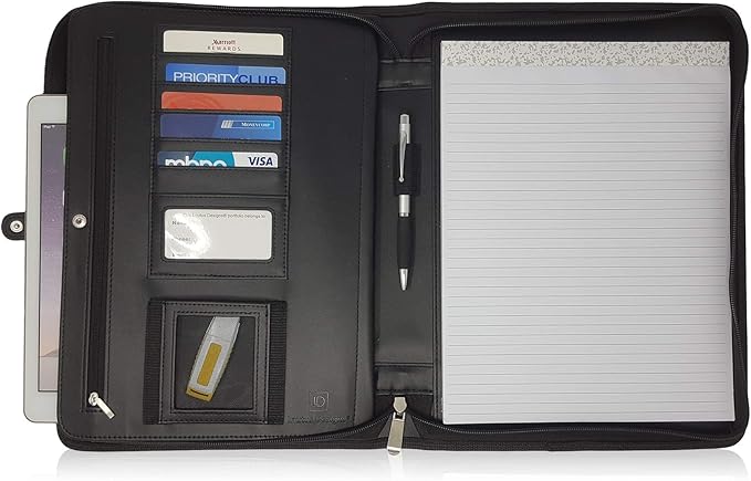 Leather Business Portfolio with Zipper - Black Portfolio Binder Organizer - Padfolio for Men & Women with 10.5 Inch Tablet Pocket by Lautus Designs