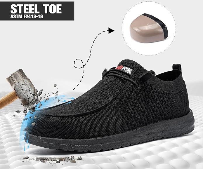Lightweight, steel-toe slip-on shoes from LARNMERN, comfortable and protective for work or everyday wear.