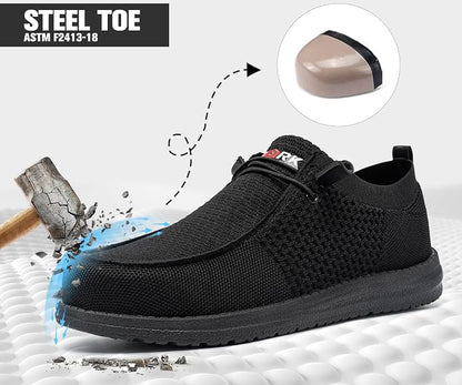 Lightweight, steel-toe slip-on shoes from LARNMERN, comfortable and protective for work or everyday wear.