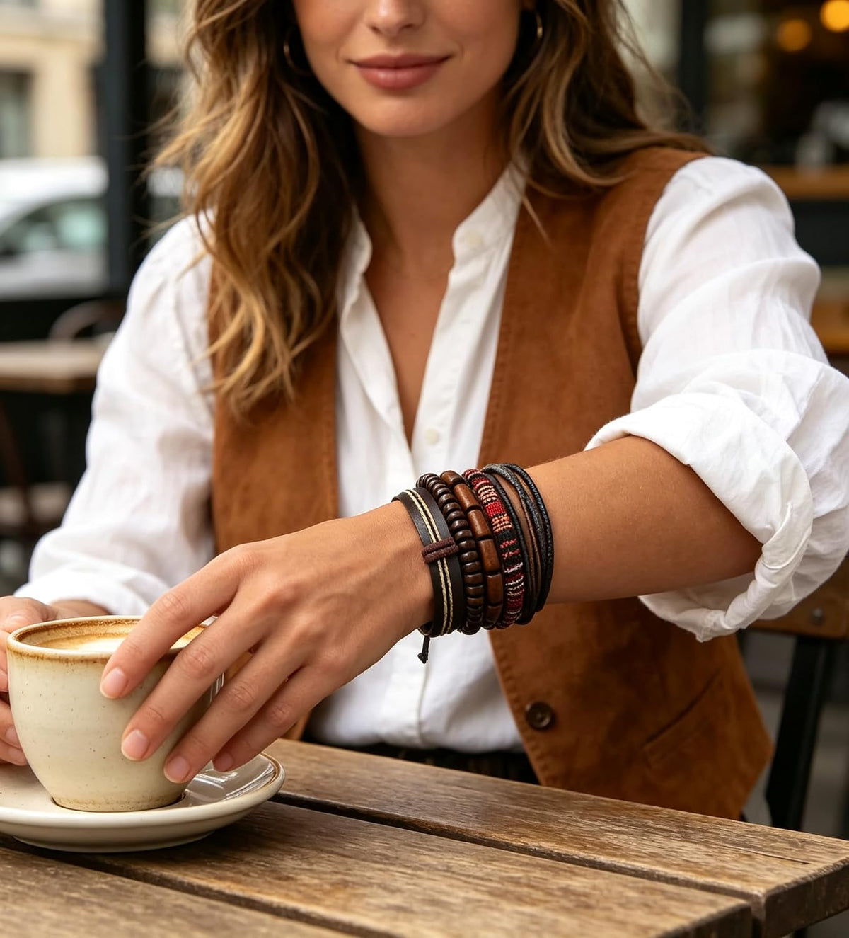HZMAN Wrap Bracelets Men Women, Hemp Cords Wood Beads Ethnic Tribal Bracelets, Leather Wristbands