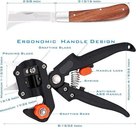 NAYE - 2 in 1 garden grafting tool kit for fruit trees with grafting knife, additional replacement blades included, professional grafting scissor scissors