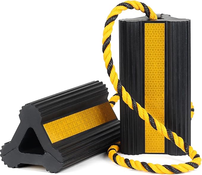 Heavy Duty Rubber Wheel Chocks, 1 Pair, Non-Slip Tire Stopper Blocks with Rope, for RV Camper Travel Trailers Motorhome Aircraft Car Truck