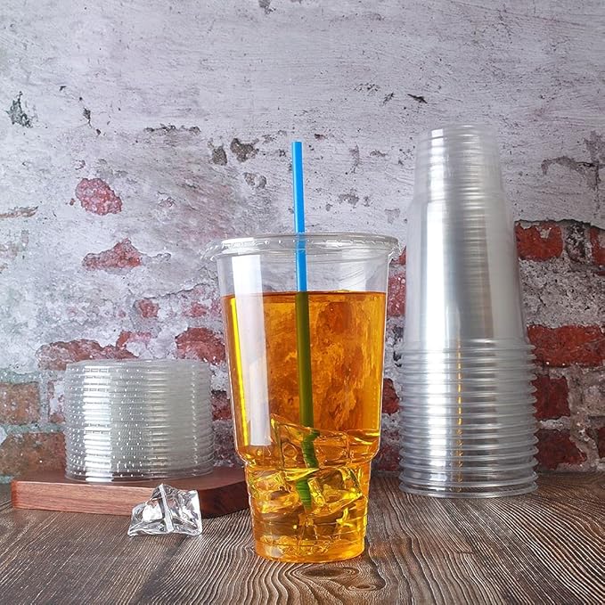 Disposable 32 oz clear Plastic Cups with Flat Lids with x hole,50 sets