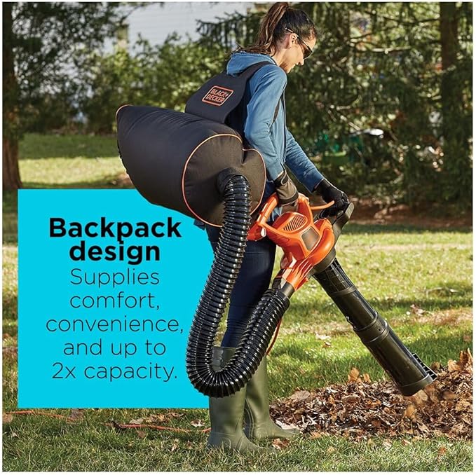 BLACK+DECKER Electric Leaf Blower, Leaf Vacuum and Mulcher 3 in 1, Backpack Blowers for Lawn Care,250 mph Airflow, 400 cfm Delivery Power, Reusable Bag Included, Corded (BEBL7000)