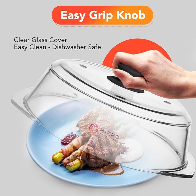 Tall Glass Microwave splatter cover | Sturdy clear 100% food safe BPA free glass lid with easy grip silicone handle | Heavy-duty glass for longer life, Dishwasher safe for easy cleaning - 10.5in