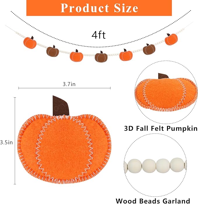 DAZONGE Thankgiving Decorations for Home, Felt Pumpkin Bead Garland for Thanksgiving Decor, Fall Thanksgiving Banner for Mantle Wall Decor