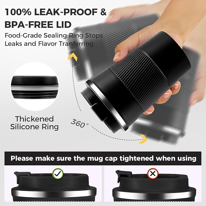 13 oz Stainless Steel Insulated Travel Coffee Mug with Fip Lid,Reusable Double Wall Vacuum Metal Coffee Cup,Portable to Go Leak Proof Cafe Thermal Tumbler for Hot & Cold Drinks(Black,1)