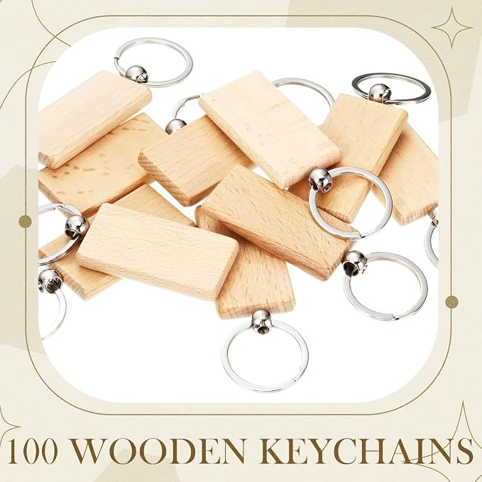 Yinkin 100 Pcs Wooden Keychain Blanks Bulk Laser Engraving Key Chain Unfinished Wooden Key Ring Tag for DIY Gift Crafts (Rectangle