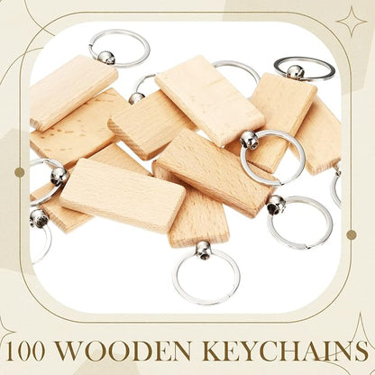 Yinkin 100 Pcs Wooden Keychain Blanks Bulk Laser Engraving Key Chain Unfinished Wooden Key Ring Tag for DIY Gift Crafts (Rectangle