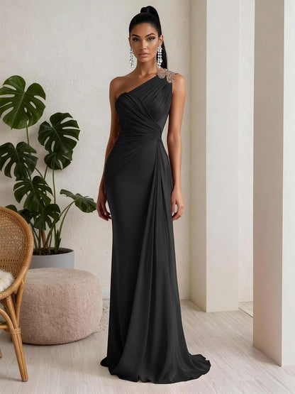 RYANTH One Shoulder Chiffon Bridesmaid Dresses for Women Mermaid Long Prom Dress Pleated Beaded Formal Evening Gowns.