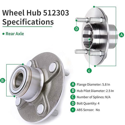 HICKS 512303 Rear Wheel Bearing Wheel Hub Assembly fit for 2000-2006 Nissan Sentra, 4 Lugs
