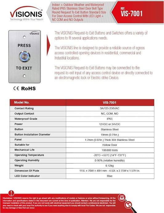 Visionis FPC-7317 VIS-ML600LED Indoor Electromagnetic Lock 600lbs for Out Swinging Door with VIS-7001 Door Bell Type Push to Exit Button NC, COM and NO Outputs for Access Control, 2 Amp Power Supply