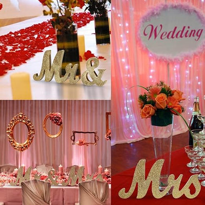Adeeing Mr and Mrs Signs Wedding Sweetheart Table Decorations Glitter Wooden Freestanding Letters for Photo Props, Rustic Wedding Decoration, Anniversary Wedding Shower Gift (Golden)