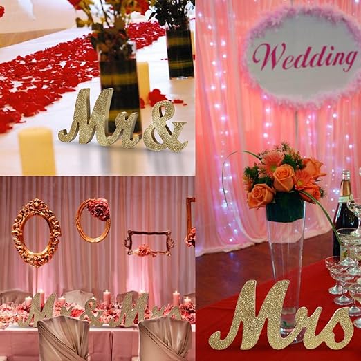 Adeeing Mr and Mrs Signs Wedding Sweetheart Table Decorations Glitter Wooden Freestanding Letters for Photo Props, Rustic Wedding Decoration, Anniversary Wedding Shower Gift (Golden)