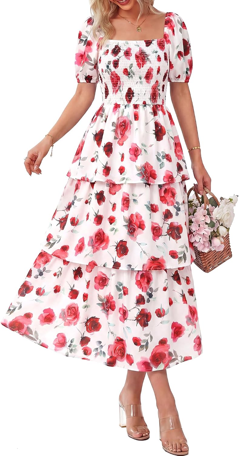 BTFBM Womens Square Neck Smocked Dress Summer Puff Short Sleeve Floral Casual Ruffle Tiered Maxi Wedding Guest Dresses