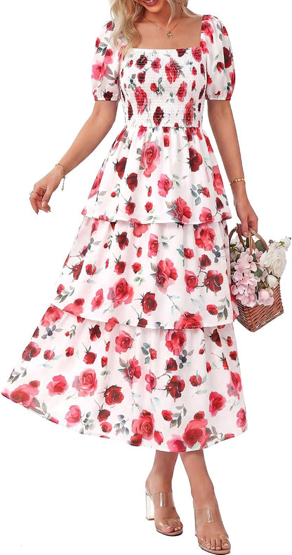 BTFBM Womens Square Neck Smocked Dress Summer Puff Short Sleeve Floral Casual Ruffle Tiered Maxi Wedding Guest Dresses
