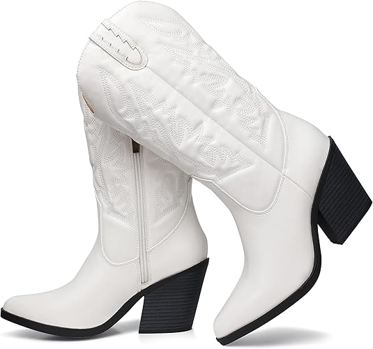 SHIBEVER Cowgirl Boots for Womens Western: Cowboy Pointy Toe Chunky Heel Embroidered Mid Calf Boot with Side Zipper