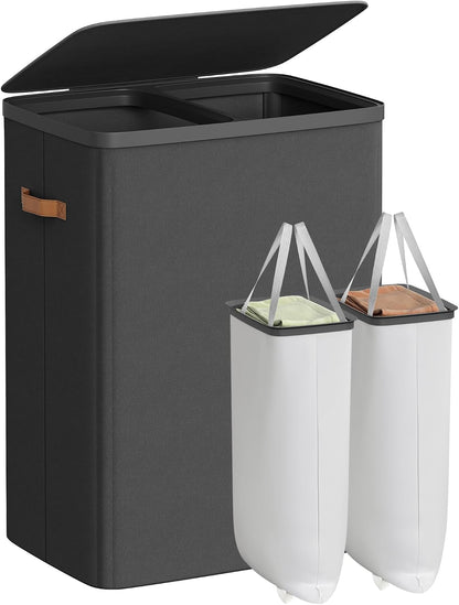 SONGMICS Laundry Basket, 44.9 Gal. Laundry Hamper, 2 Compartments, Easy Assembly, with Lid and Handles, Removable Liners, 22 x 15.7 x 29.5 Inches, Ink Black ULCB813B01