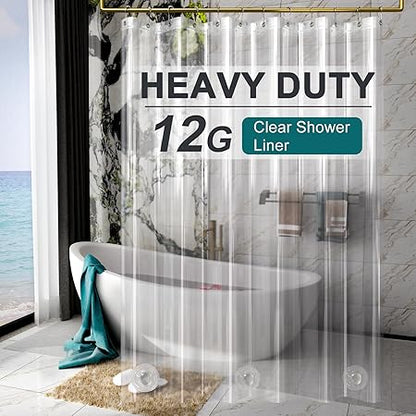 AmazerBath Heavy Duty Shower Curtain Liner 12 Gauge, 72 x 96 Inches Clear Shower Curtain Liner with 3 Clear Stones and 12 Grommet Holes, Weighted Plastic Shower Curtain Liner