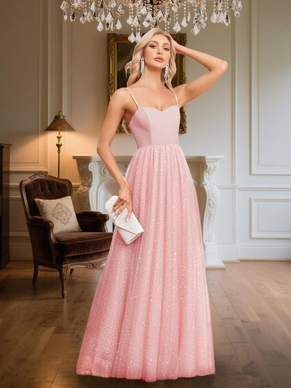 YHHOWEP Women's Sparkly Prom Gowns Glitter Sequin Tulle A Line Long Formal Evening Gown Dresses High Waist Maxi Party Dress .