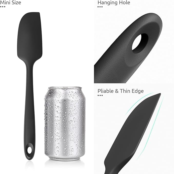 U-Taste Small Mini Silicone Spatula: 92inch 600oF Heat-Resistant Food-Grade Jar Scraper for Kitchen Use, Non-Stick Seamless Flexible Baking Utensil for Mixing, Scraping Jam in Bowl or Cup (Black)