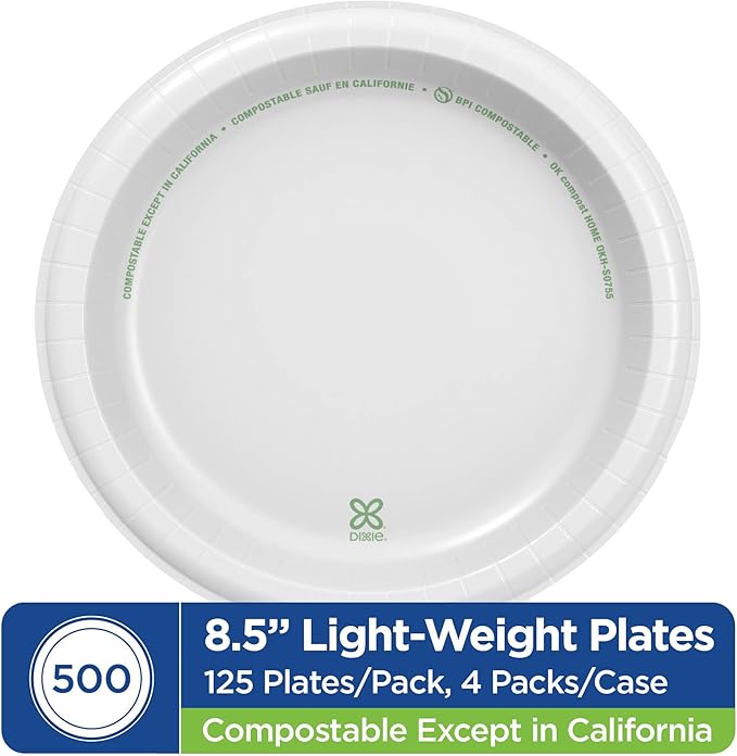 Dixie Basic 8.5 Inch Light-Weight Paper Plates By GP PRO, White, 500 Count (125 Disposable Plates Per Pack, 4 Packs Per Case), DBP09W