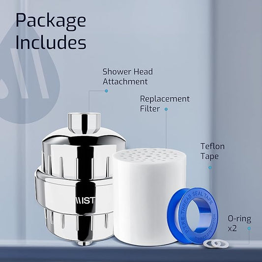 Mist Filtered Shower Head Attachment, High Output, 15 stage Shower Filter, Improves the Condition of Skin  Hair, Shower Filter for Hard Water-Shower Water Softener (1 Replacement Filter) Chrome