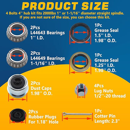 Set 4 on 4'' Trailer Hub Kit for 2000 lbs 1" or 1-1/16" Trailer Straight Axle, 4x4'' Trailer Idler Hub Kit 4 Bolt, Fits 1" and 1-1/16" Spindle, Trailer Hub Kit with Extra Cap & Rubber Plug