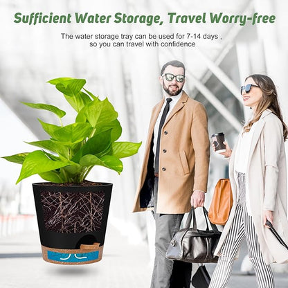 Indoor self-watering pots with drainage holes and saucers, 8, 7, 6.5, 6, 5.5, 5 inches, black color, 6 pots