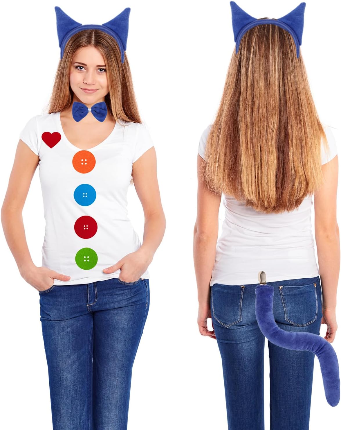 Blue Cat Ears Headband and Tail Bowtie with 6 Button Patches & 1 Heart Patch Felt Stickers Halloween Cat Costumes Set Cosplay Party Dress Up Accessories